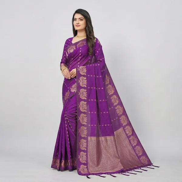 Multi_Banarasi_Silk_Woven_Saree_With_Golden_Zari_Buti_Border_For_Women