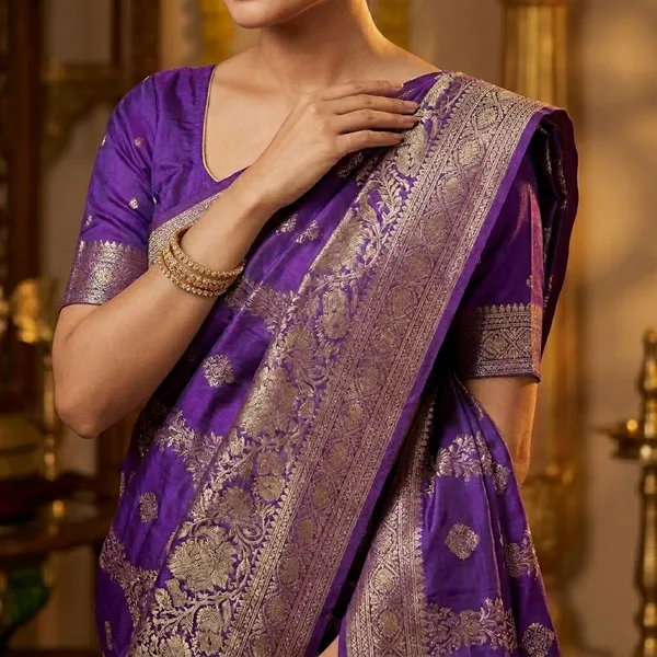 Violet_Banarasi_Silk_Zari_Brocade_Saree_With_Golden_Floral_Motifs_For_Women