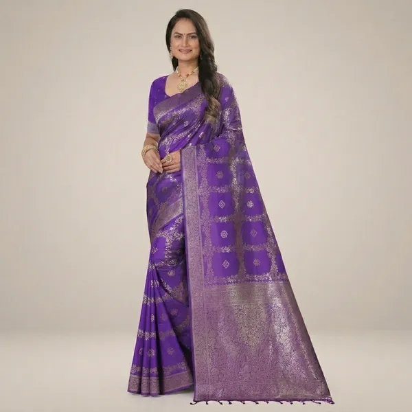 Violet_Banarasi_Silk_Zari_Brocade_Saree_With_Golden_Floral_Motifs_For_Women