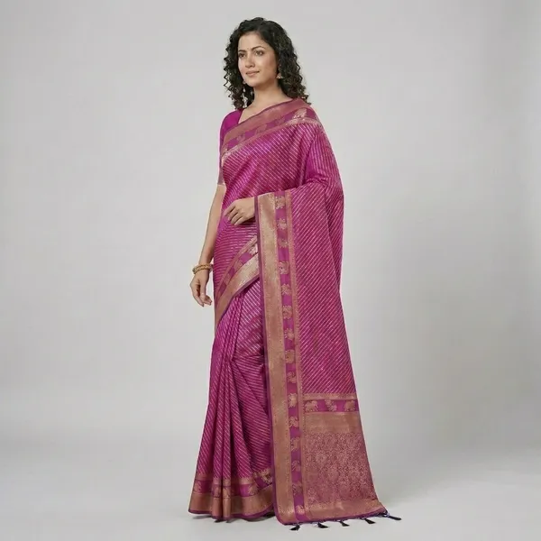 Magenta_Silk_Woven_Saree_With_Golden_Zari_Border_And_Striped_Body_For_Women
