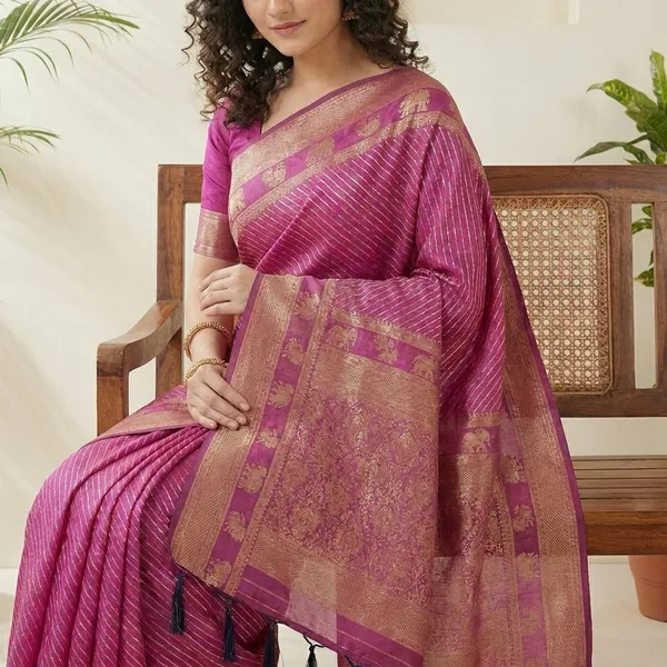 Magenta_Silk_Woven_Saree_With_Golden_Zari_Border_And_Striped_Body_For_Women