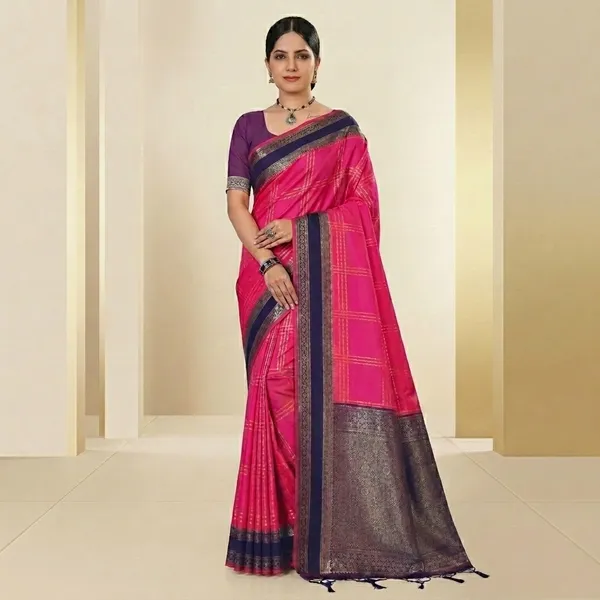 Pink_Cotton_Silk_Checkered_Zari_Border_Saree_For_Women