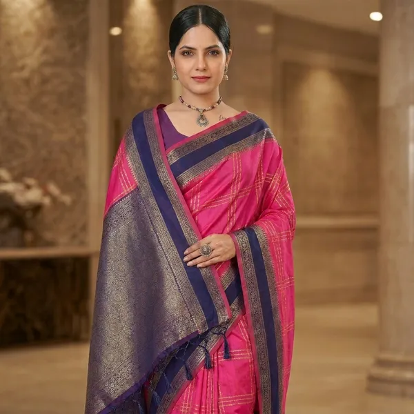 Pink_Cotton_Silk_Checkered_Zari_Border_Saree_For_Women