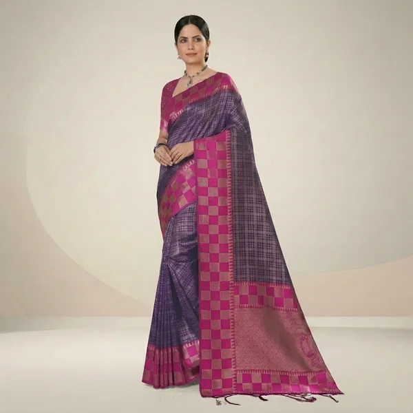 Purple_Cotton_Silk_Checkered_Pink_Border_Saree_For_Women