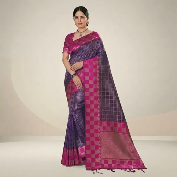 Purple_Cotton_Silk_Checkered_Pink_Border_Saree_For_Women