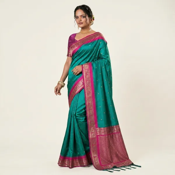 Teal_Silk_Zari_Border_Woven_Saree_For_Women
