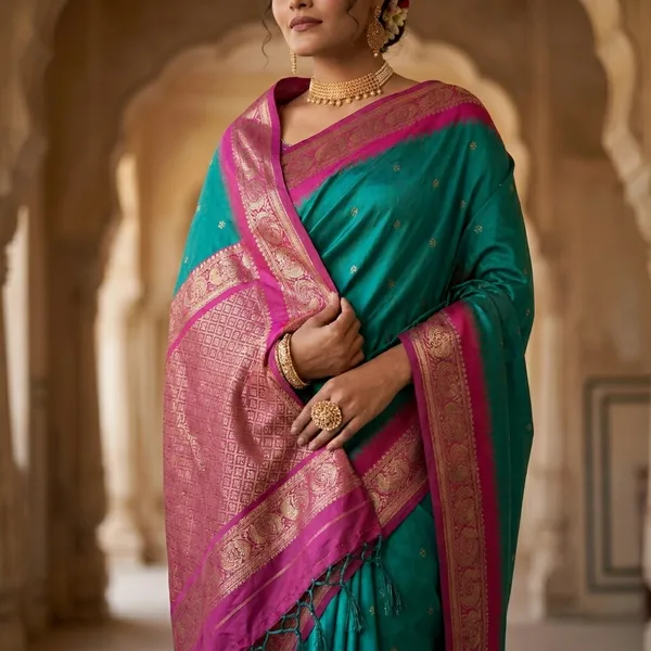 Teal_Silk_Zari_Border_Woven_Saree_For_Women