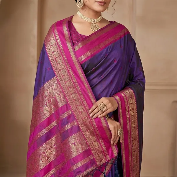 Multi_Silk_Zari_Woven_Saree_With_Contrast_Pink_Gold_Border_For_Women