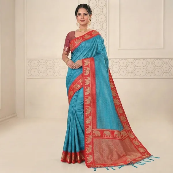 Turquoise_Blue_Banarasi_Silk_Red_Border_Zari_Saree_For_Women