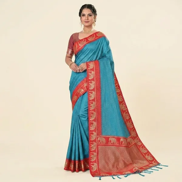 Turquoise_Blue_Banarasi_Silk_Red_Border_Zari_Saree_For_Women