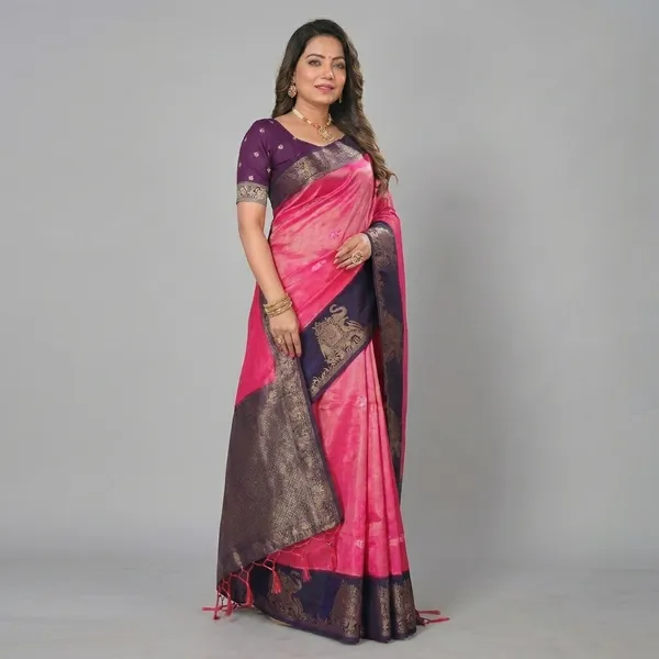 Pink_Banarasi_Silk_Contrast_Border_Zari_Saree_For_Women