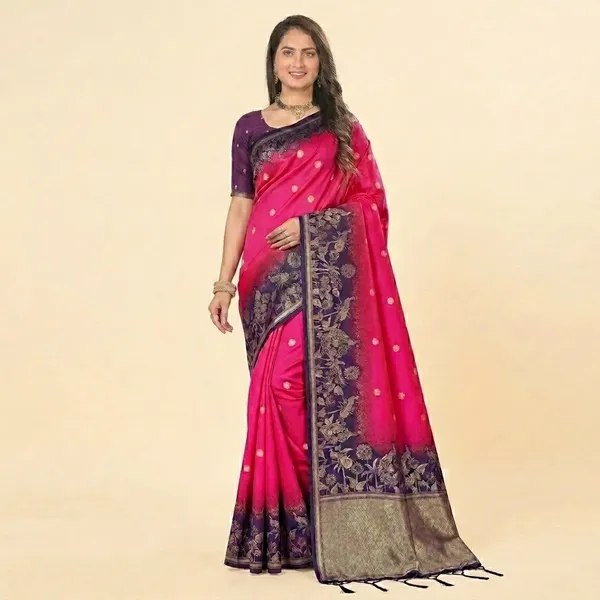 Pink_Banarasi_Silk_Woven_Saree_With_Purple_Zari_Border_For_Women