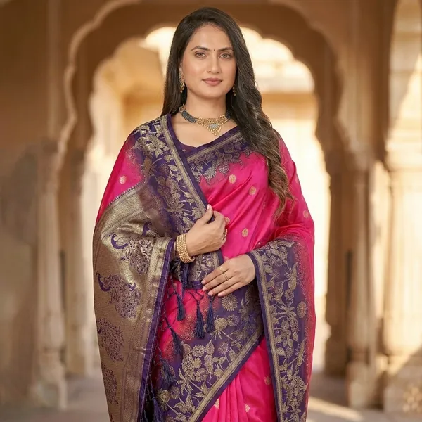 Pink_Banarasi_Silk_Woven_Saree_With_Purple_Zari_Border_For_Women