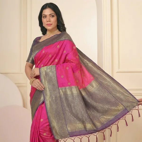 Pink_Cotton_Silk_Banarasi_Woven_Saree_With_Gold_Zari_Border_For_Women
