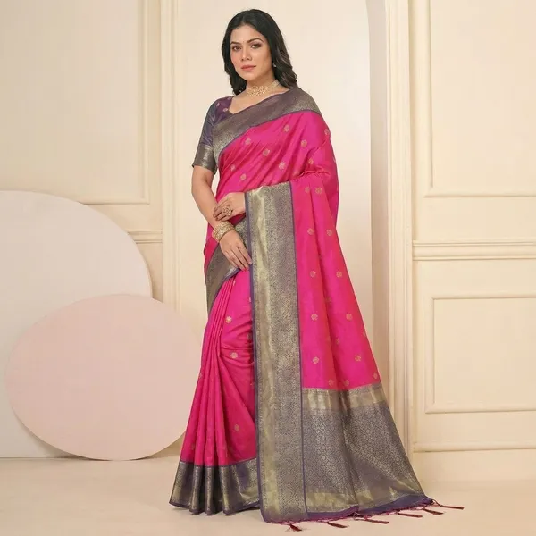 Pink_Cotton_Silk_Banarasi_Woven_Saree_With_Gold_Zari_Border_For_Women