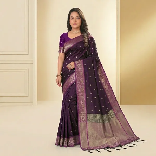 Multi_Banarasi_Silk_Woven_Saree_With_Gold_Zari_Butti_Border_For_Women