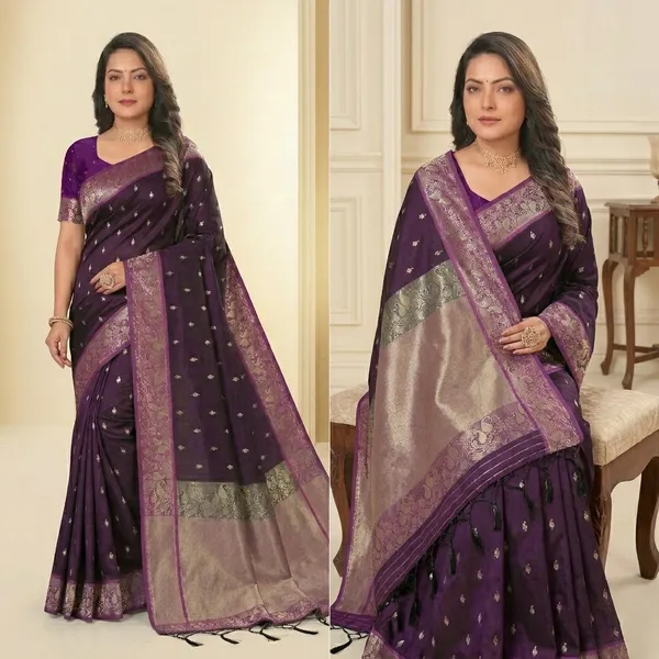 Multi_Banarasi_Silk_Woven_Saree_With_Gold_Zari_Butti_Border_For_Women