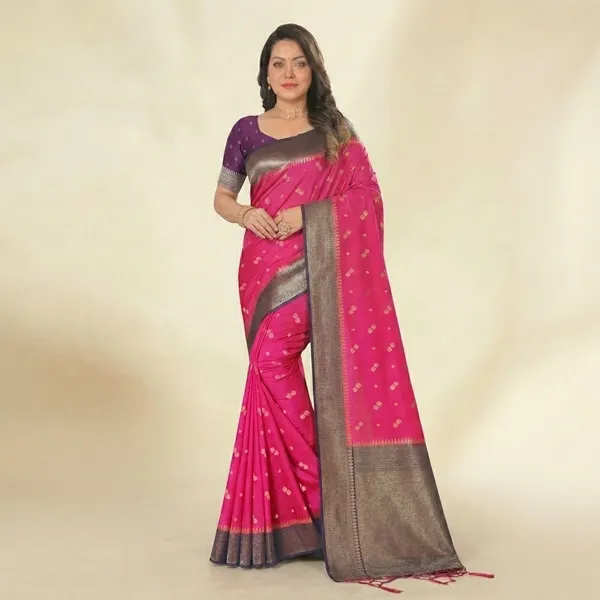 Pink_Banarasi_Silk_Zari_Buti_Contrast_Border_Saree_For_Women
