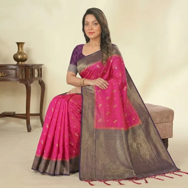 Pink_Banarasi_Silk_Zari_Buti_Contrast_Border_Saree_For_Women