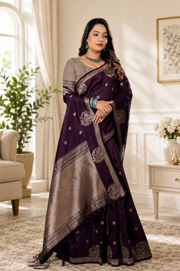 Maroon_Banarasi_Silk_Woven_Saree_With_Golden_Zari_Embroidered_Border_For_Women