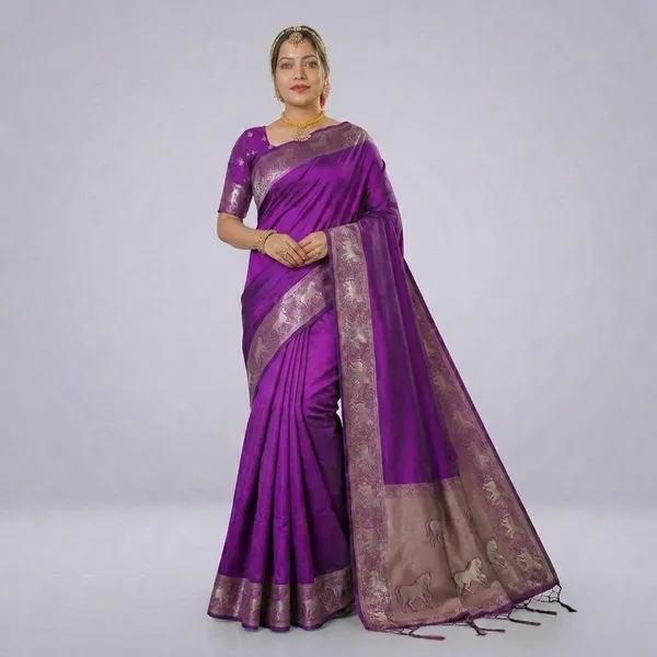 Multi_Silk_Woven_Saree_With_Contrast_Border_And_Horse_Motifs_For_Women
