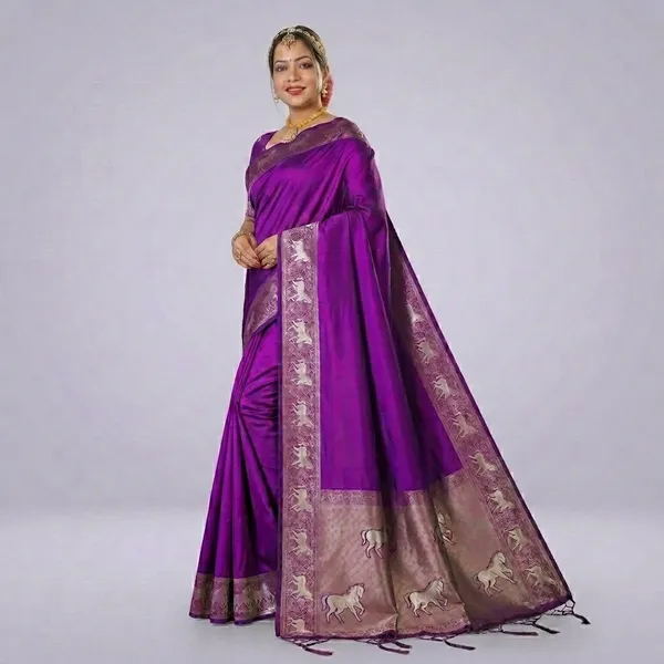 Multi_Silk_Woven_Saree_With_Contrast_Border_And_Horse_Motifs_For_Women