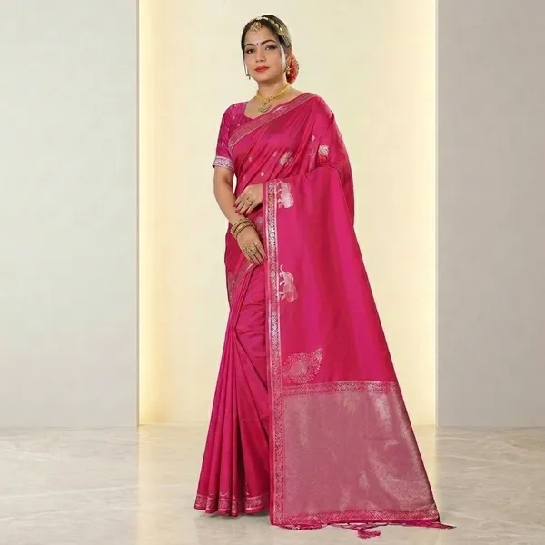 Multi_Banarasi_Silk_Embroidered_Saree_With_Silver_Zari_Border_For_Women