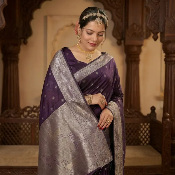 Multi_Banarasi_Silk_Woven_Saree_With_Golden_Zari_Butta_Border_For_Women