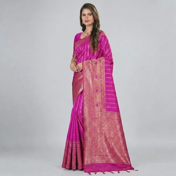 Magenta_Banarasi_Silk_Golden_Zari_Stripe_Saree_For_Women