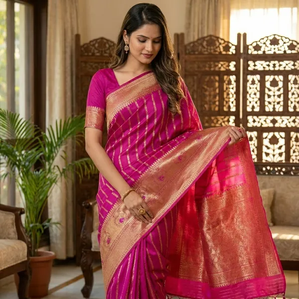Magenta_Banarasi_Silk_Golden_Zari_Stripe_Saree_For_Women
