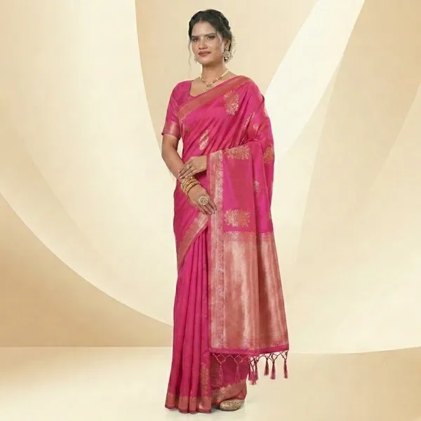 Pink_Silk_Golden_Zari_Contrast_Border_Saree_For_Women