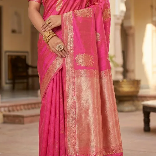 Pink_Silk_Golden_Zari_Contrast_Border_Saree_For_Women