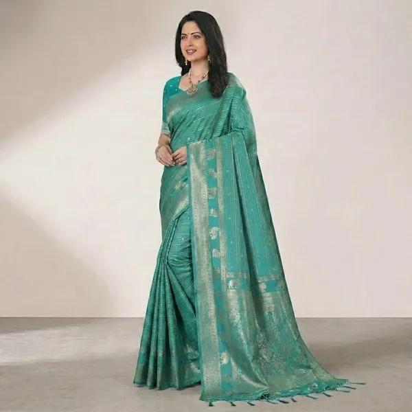 Teal_Green_Banarasi_Silk_Silver_Zari_Woven_Saree_For_Women