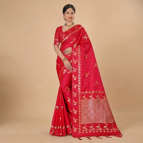 Red_Satin_Silk_Embroidered_Zari_Border_Saree_For_Women