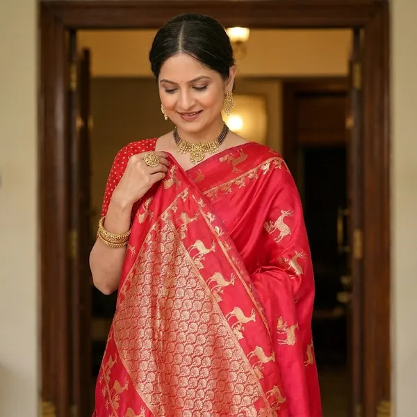 Red_Satin_Silk_Embroidered_Zari_Border_Saree_For_Women