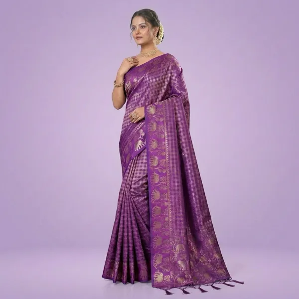 Purple_Silk_Checkered_Gold_Zari_Woven_Saree_For_Women
