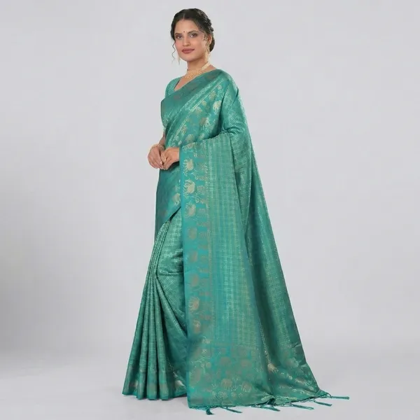 Sea_Green_Silk_Checkered_Golden_Zari_Border_Saree_For_Women
