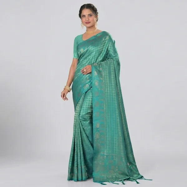 Sea_Green_Silk_Checkered_Golden_Zari_Border_Saree_For_Women
