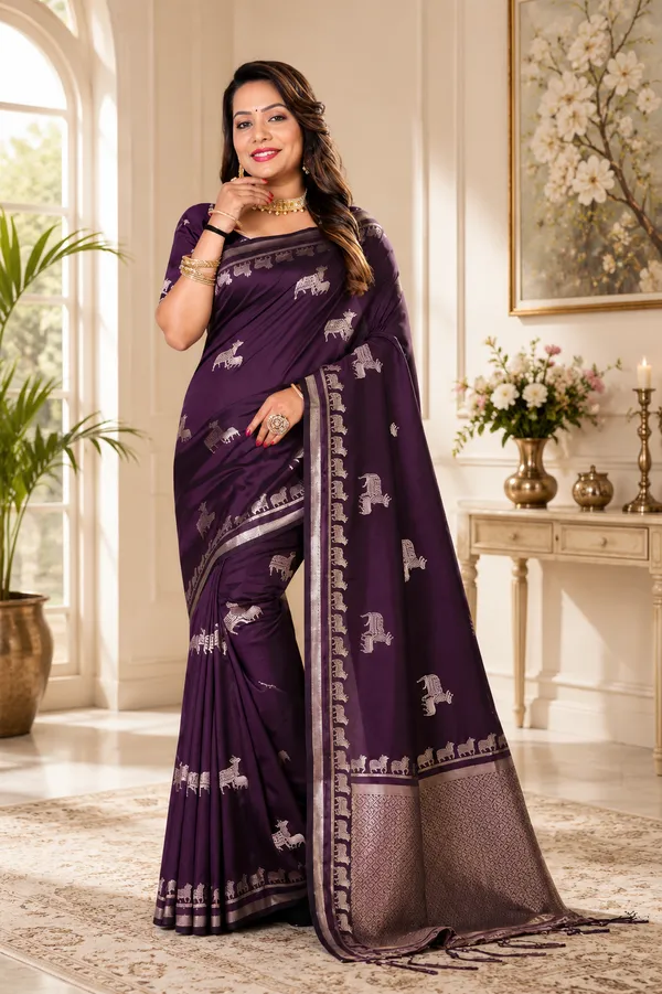 Purple_Silk_Blend_Woven_Elephant_Motif_Saree_For_Women