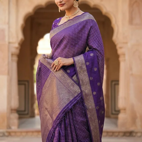 Purple_Banarasi_Silk_Golden_Zari_Checkered_Saree_For_Women