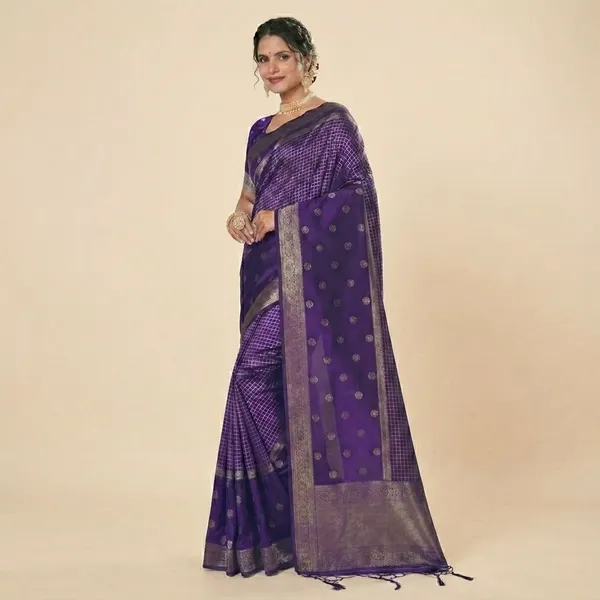 Purple_Banarasi_Silk_Golden_Zari_Checkered_Saree_For_Women