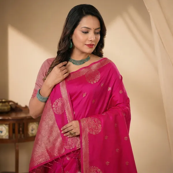 Pink_Silk_Golden_Zari_Floral_Woven_Saree_For_Women