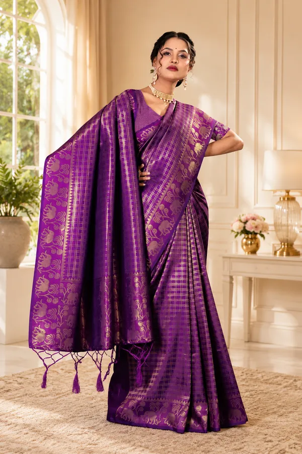Purple_Silk_Checkered_Gold_Zari_Woven_Saree_For_Women