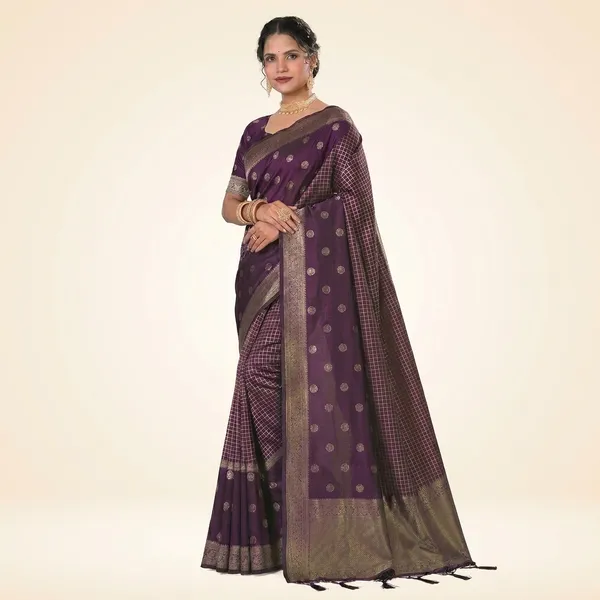 Maroon_Banarasi_Silk_Woven_Saree_With_Golden_Zari_Buti_Border_For_Women