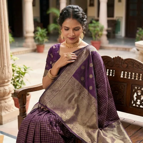 Maroon_Banarasi_Silk_Woven_Saree_With_Golden_Zari_Buti_Border_For_Women