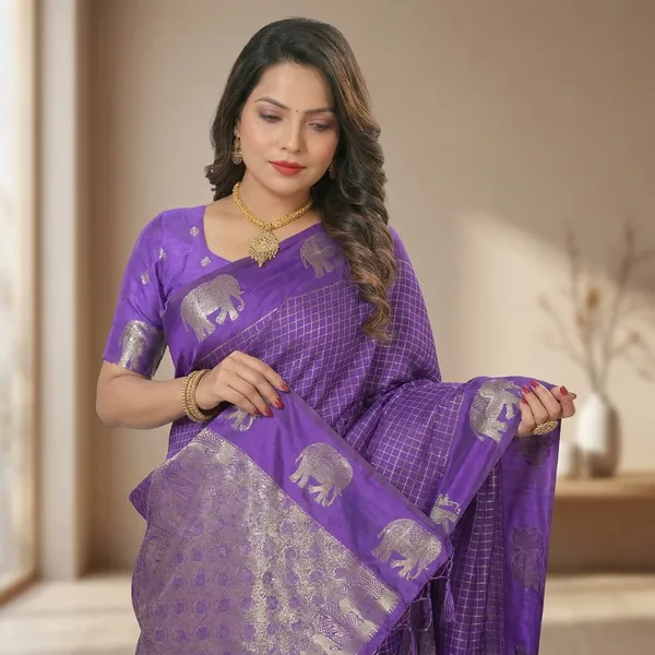 Violet_Banarasi_Silk_Gold_Zari_Elephant_Motif_Saree_For_Women