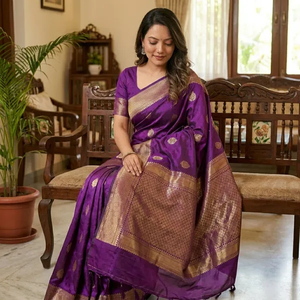 Violet_Banarasi_Silk_Golden_Zari_Woven_Saree_For_Women