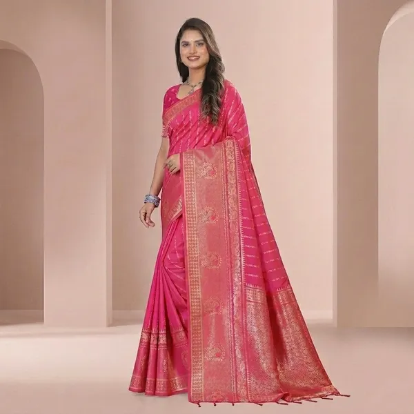 Pink_Silk_Zari_Woven_Saree_With_Golden_Border_And_Medallion_Pallu_For_Women