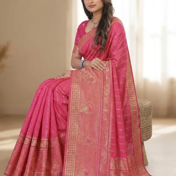 Pink_Silk_Zari_Woven_Saree_With_Golden_Border_And_Medallion_Pallu_For_Women