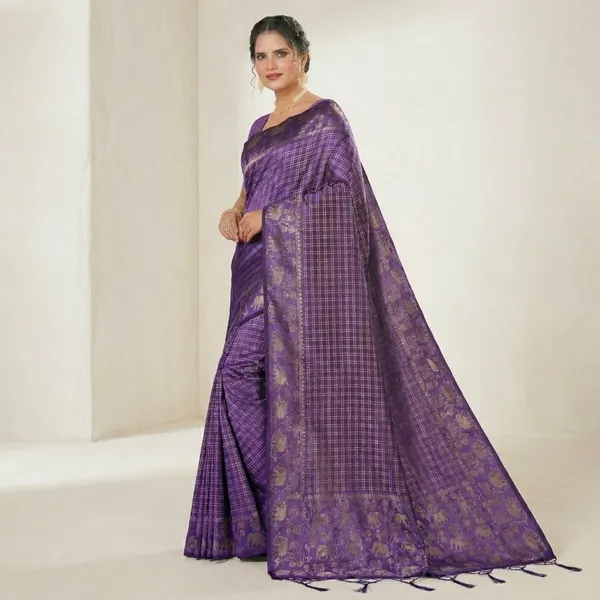 Purple_Banarasi_Silk_Golden_Zari_Check_Pattern_Saree_For_Women